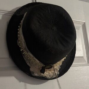 Black Women's Straw Hat with White Lace Trim